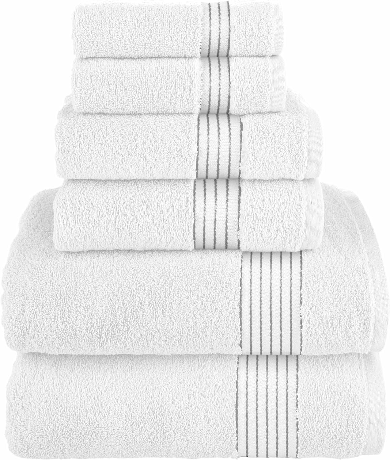 100% Cotton Luxury Bathroom Towels Set, Quick Dry, 2 Bath Towels, 2 Hand Towels, 2 Wash Cloths - 6 Piece Set, White/Gray
