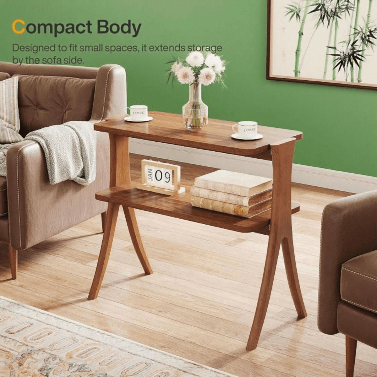 2-Tier Narrow Side Table, Walnut Wood Grain, Herringbone Legs for Living Room/Bedroom/Entryway
