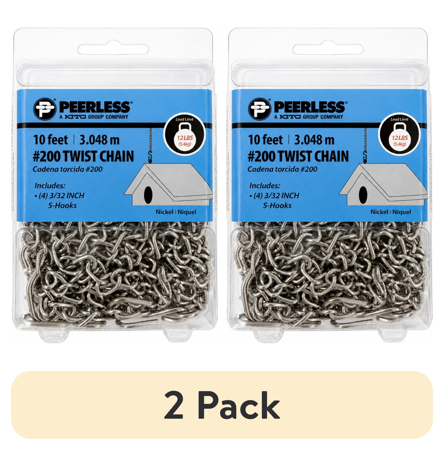 (2 pack) #200 Twist Chain with 4 S-Hooks, 10 feet, Peerless Chain Company #4840510, Nickel finish