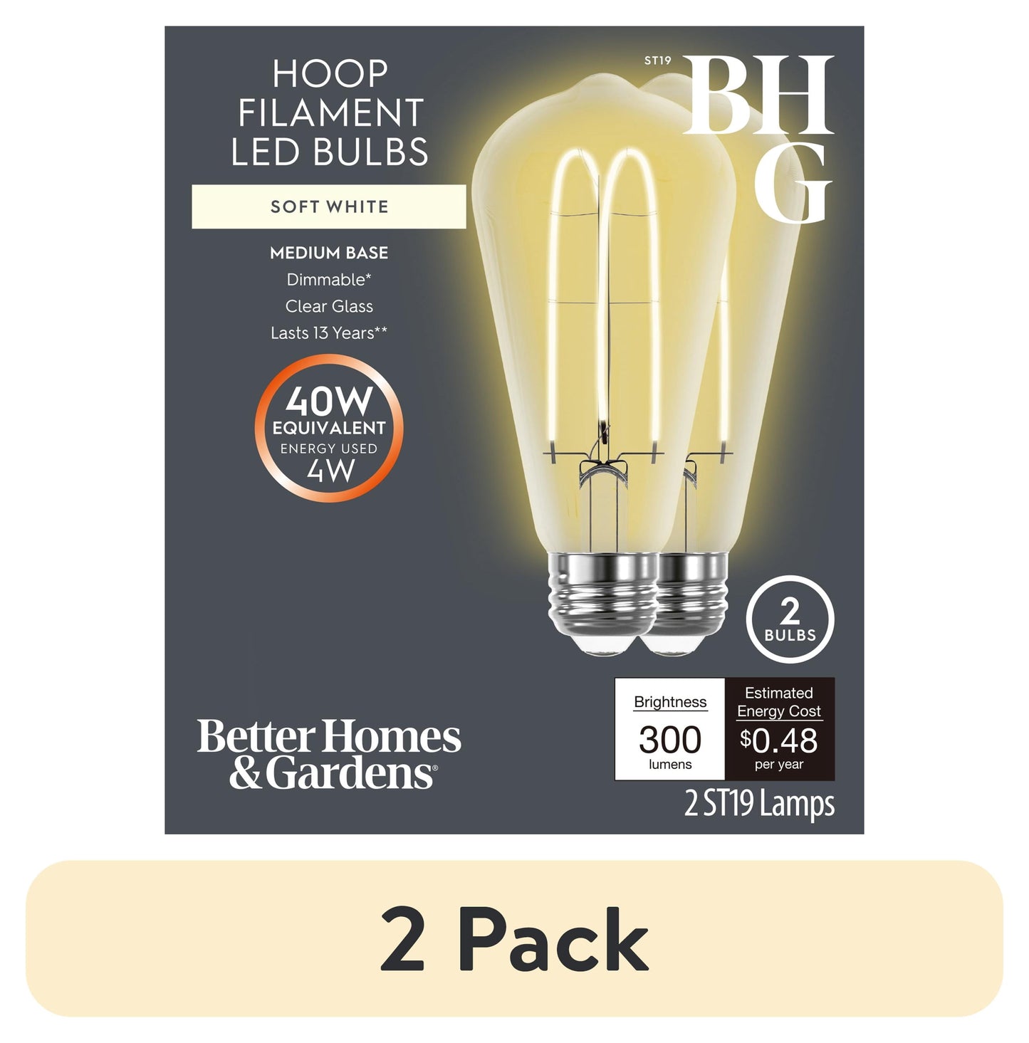 (2 pack) Better Homes & Gardens ST19 LED Vintage Bulb 4W (40W Equivalent) Soft White E26 Dimmable 2-Pack