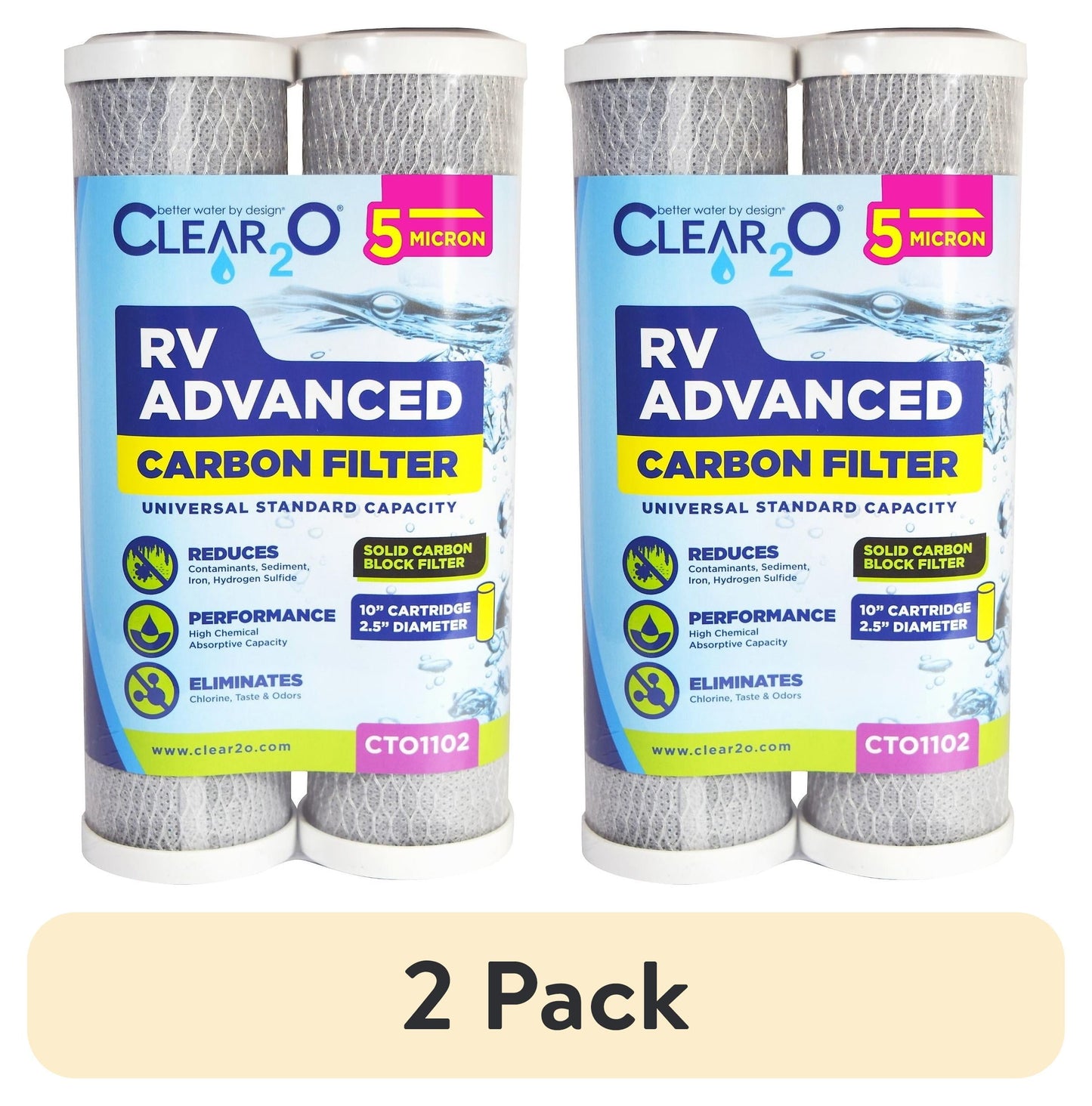 (Paquete de 2) Filtro Universal de Carbono Sólido Avanzado para RV CLEAR2O, 5 Micrones, Paquete de 2, Blanco, 10" x 2.5", Reduce Metales Pesados, Cloro, Mal Sabor y Olores (CTO1102)