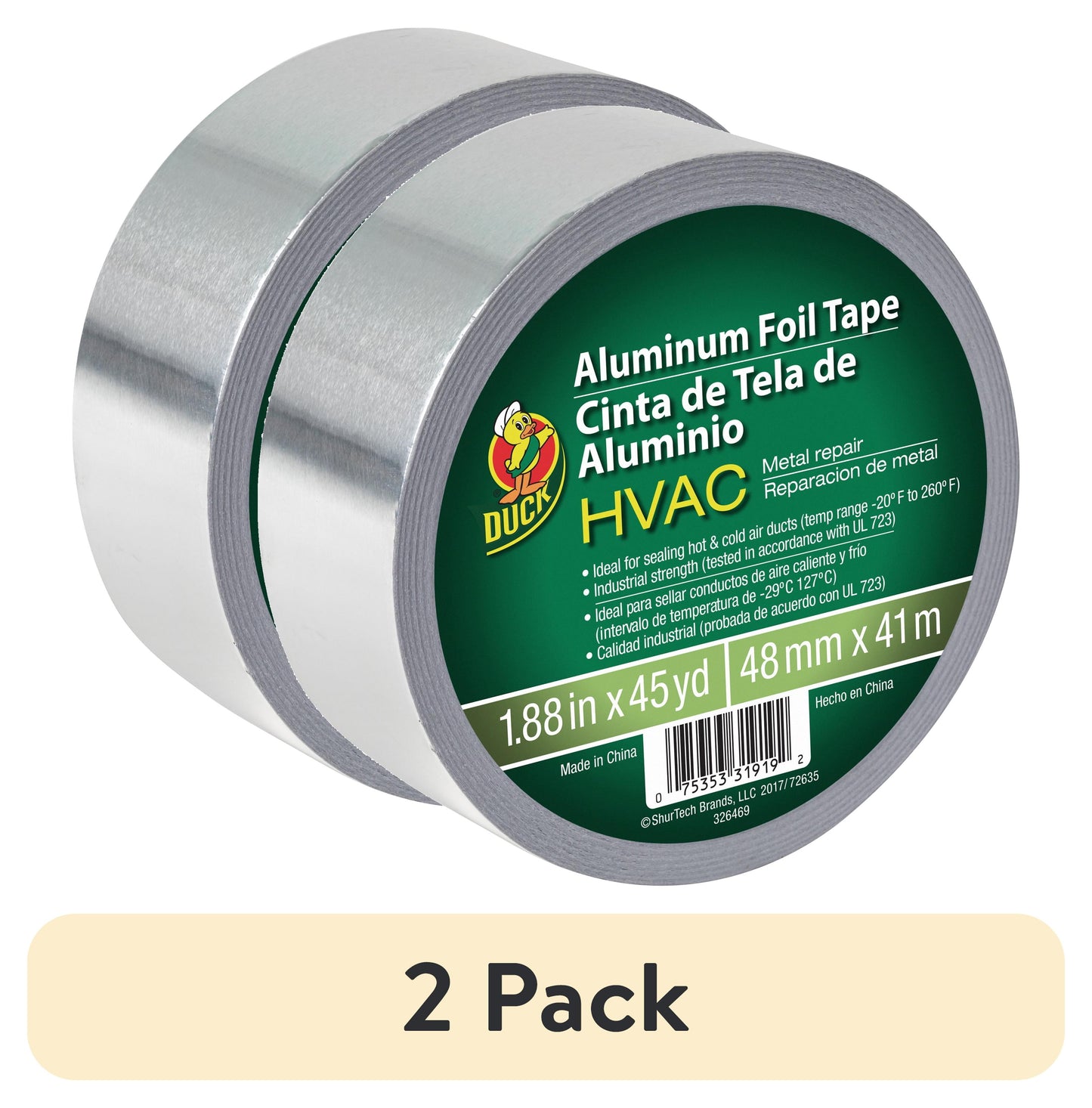 (Paquete de 2) Cinta de Aluminio para Reparación de Metal HVAC Duck Brand, 1.88 in. x 45 yd., Plateado