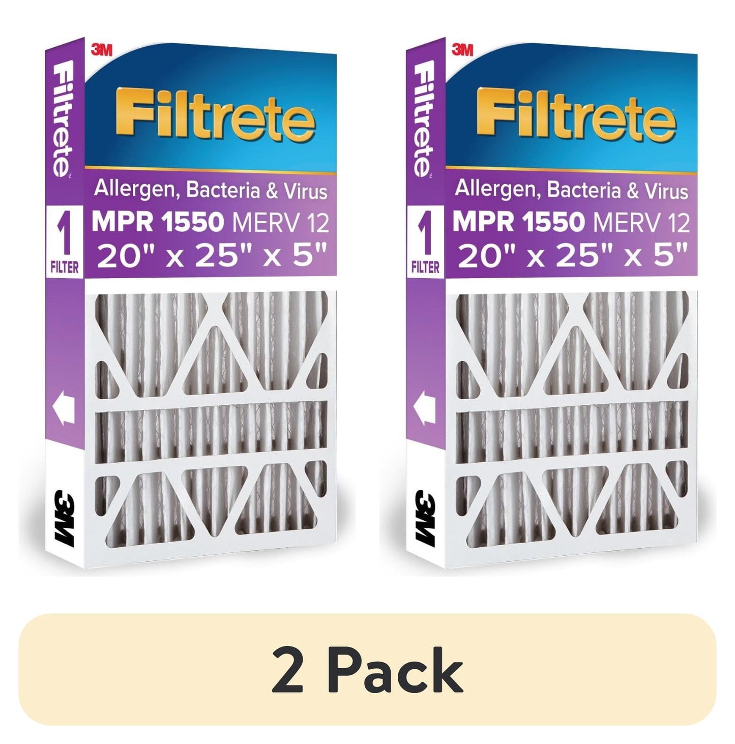 (2 pack) Filtrete 20x25x5 HVAC Furnace Air Filter, MPR 1550 MERV 12, Ultra Allergen Reduction, 1 Filter