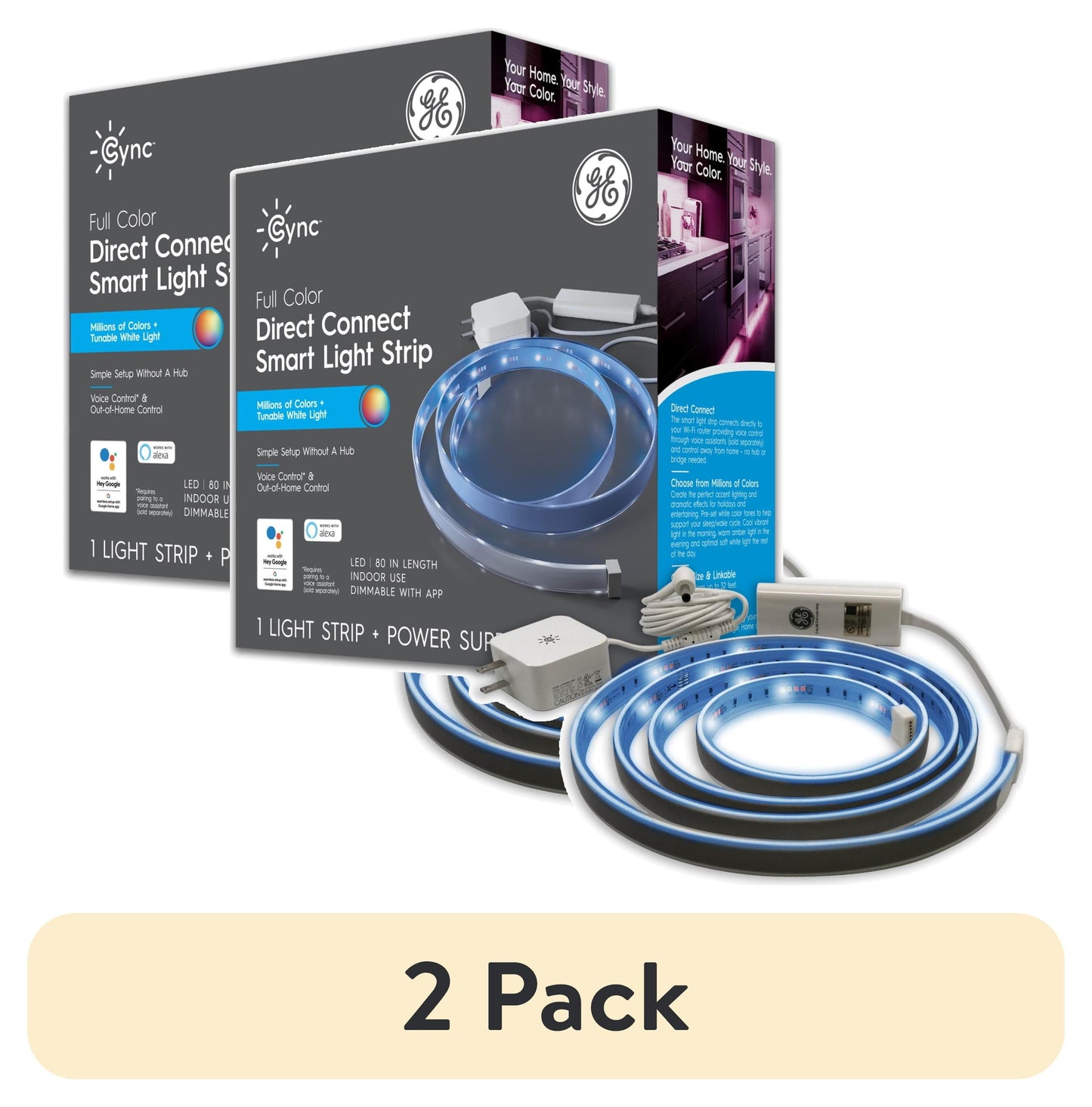 (2 pack) GE Cync Tira de Luz LED Inteligente, Cambio de Color, con Bluetooth y Wi‑Fi, 80 Pulgadas