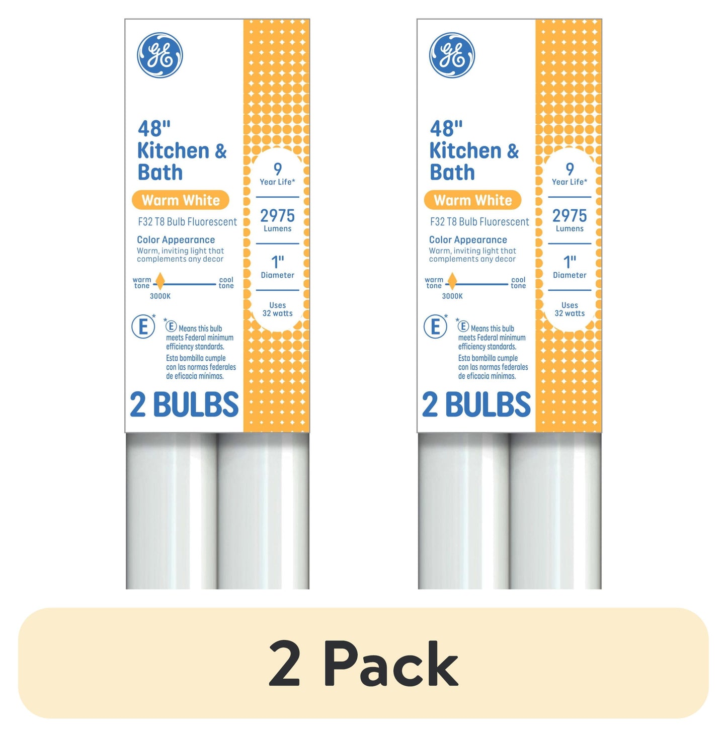 GE Fluorescent Tube Light Bulbs, 32 Watt, Warm White, 48in, T8 Bulb, G13 Base, 2pk