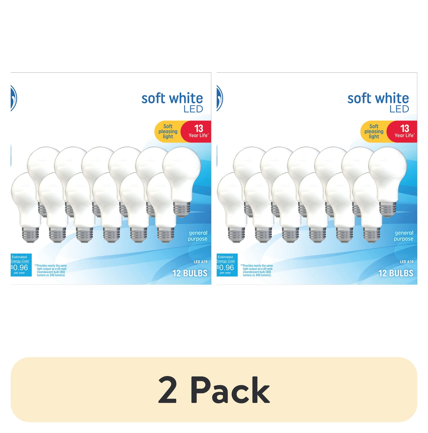 (2 pack) GE LED Light Bulbs, 60 Watt, Soft White, A19 Bulbs, Medium Base, Frosted Finish, 13yr, 12pk