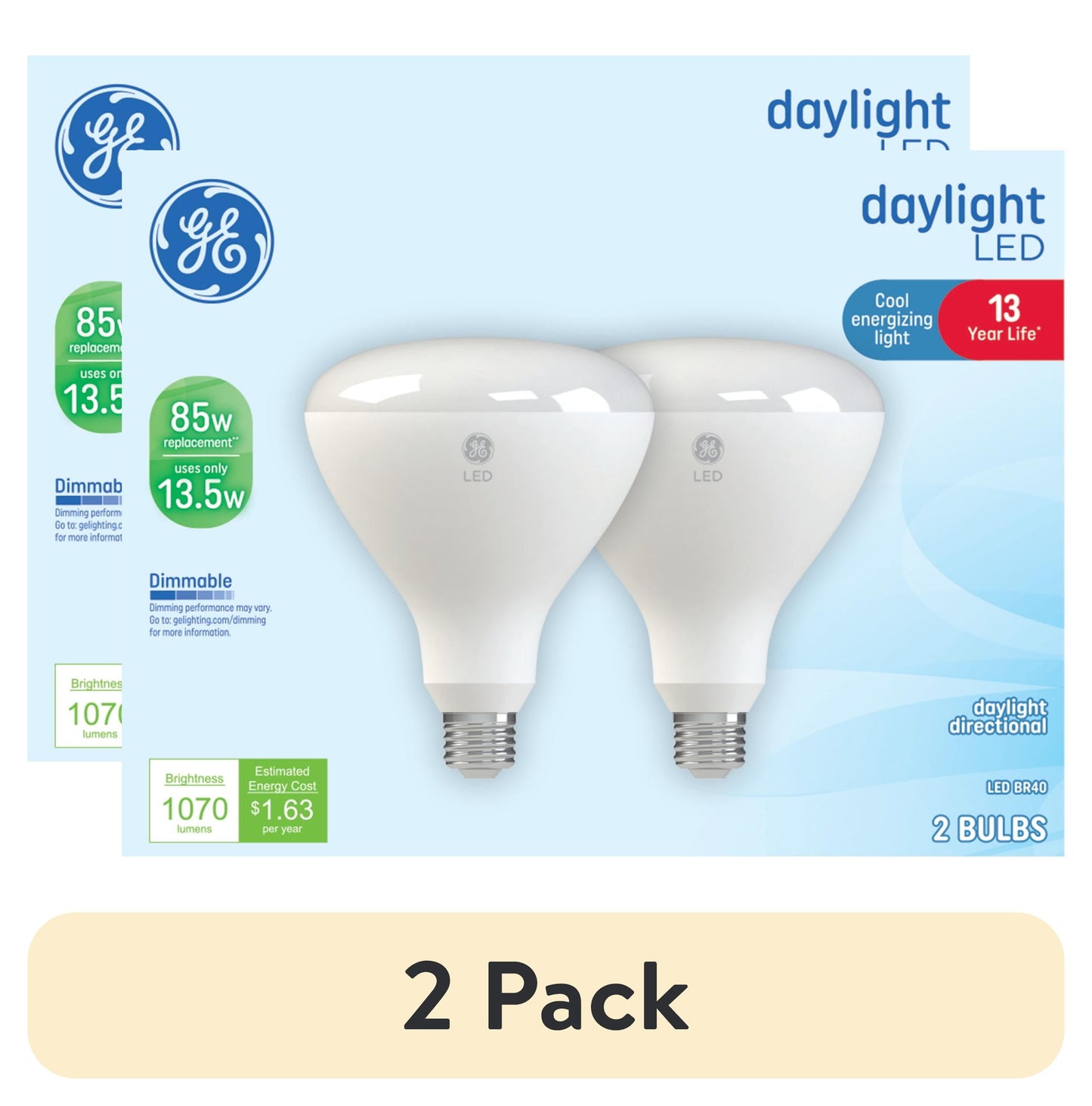 (2 pack) GE LED Light Bulbs, 85 Watt, Daylight, BR40 Floodlights, Medium Base, Frosted Finish, 13yr, 2pk