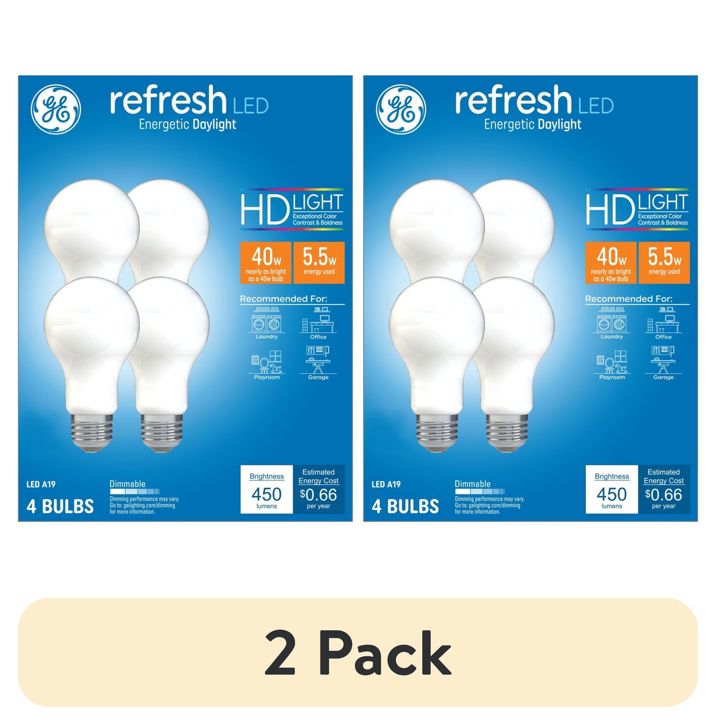 (2 pack) GE Refresh HD LED Light Bulbs, 40 Watts, Daylight, A19 Bulbs, Medium Base, Frosted Finish, 4pk