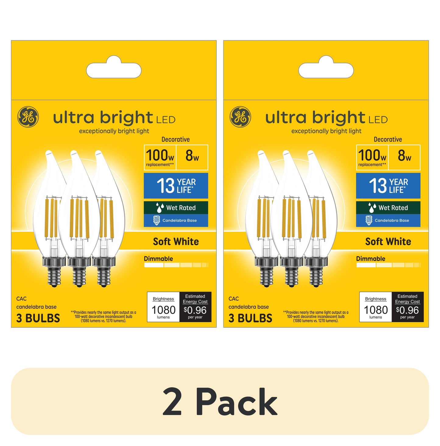 (2 pack) GE Ultra Bright LED Light Bulbs, 100 Watt, Soft White, CA12 Small Base, Clear Finish, 3pk