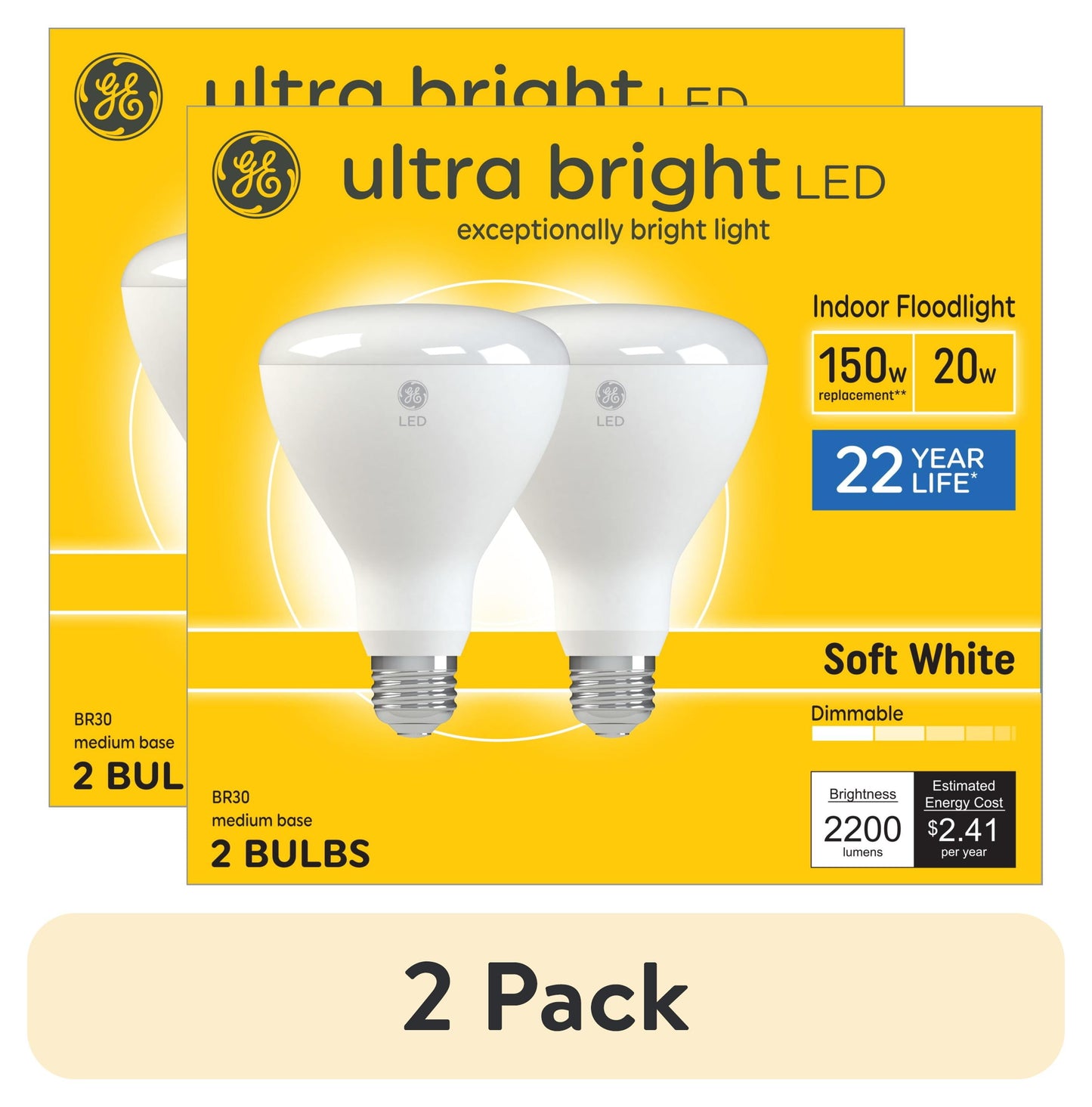 (2 pack) GE Ultra Bright LED 150 Watt Replacement, Soft White, BR30 Indoor Floodlight Bulbs (2 Pack)