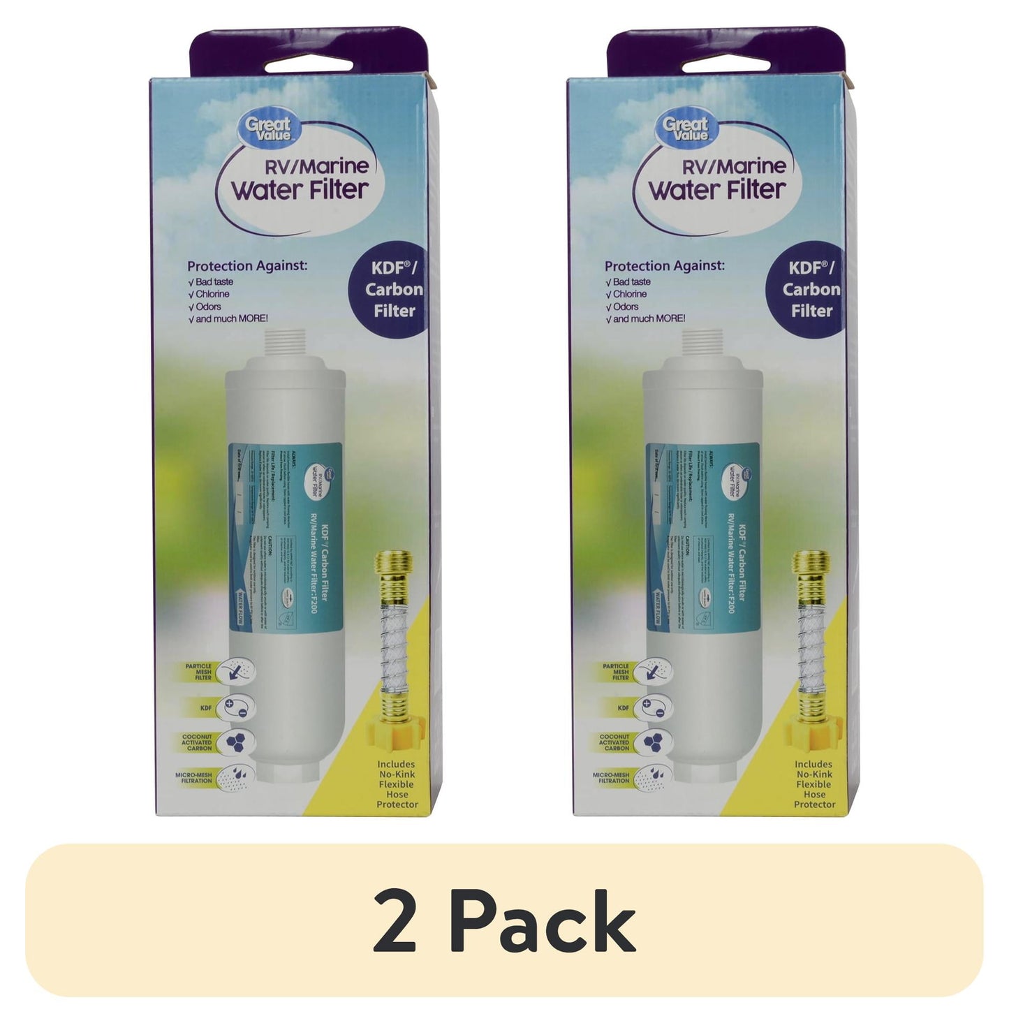 Great Value RV Water Filter 1 Pack, With Flexible Hose, F200, Activated Carbon ,KDF, White