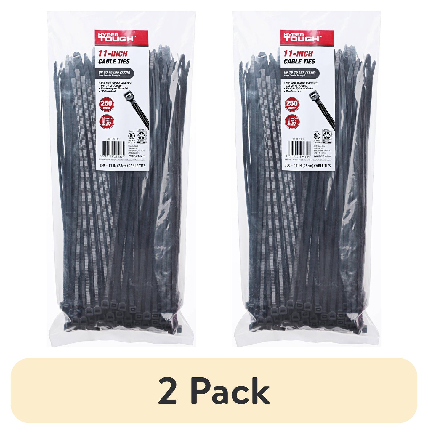 (2 pack) Hyper Tough 11inch Cable Tie 75lbf Uv Black 250Pcs