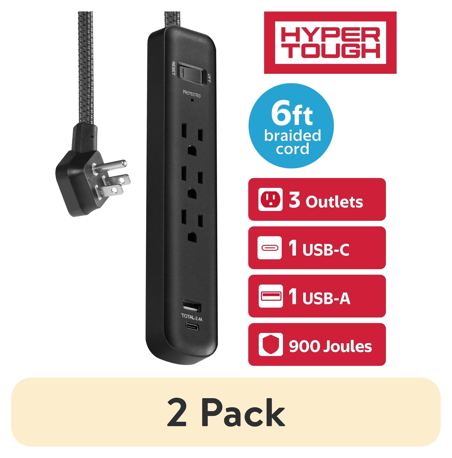 (2 pack) Hyper Tough Surge Protector Power Strip with USB-A & USB-C, 3 Outlets, 6ft Extension Cord, Black