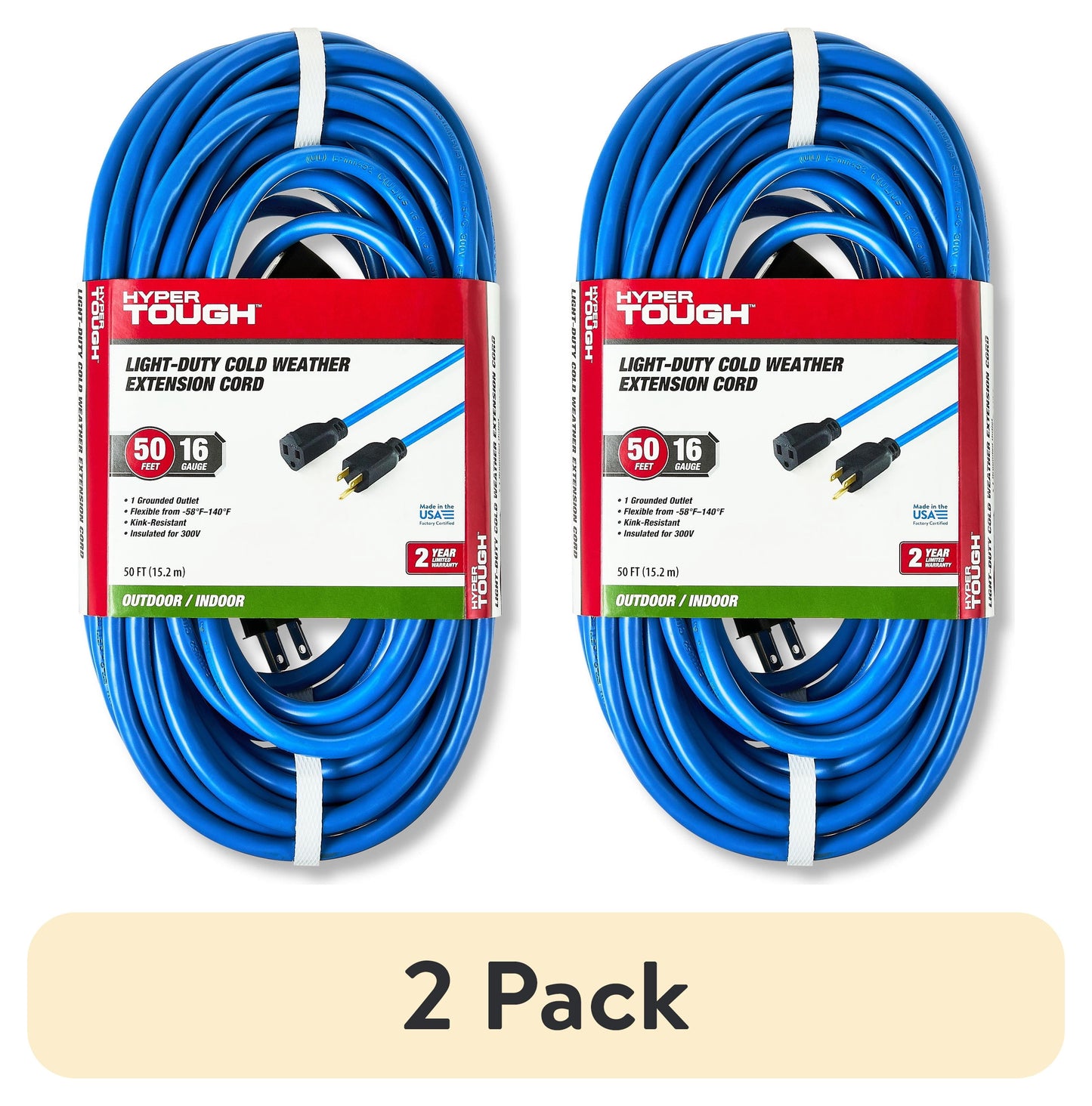 (2 pack) Hyper Tough 50FT Indoor/ Outdoor Extension Cord, 16 AWG, Single Outlet Light-Duty Cold Weather Extension Cord, Blue