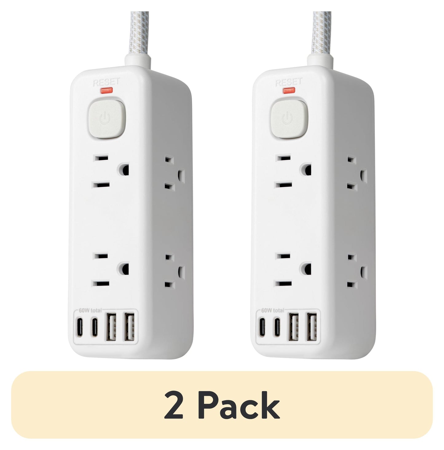(2 pack) Hyper Tough USB Power Strip, 6ft Extension Cord, 6 Outlet, USB-A, USB-C, 900J Surge Protector, White