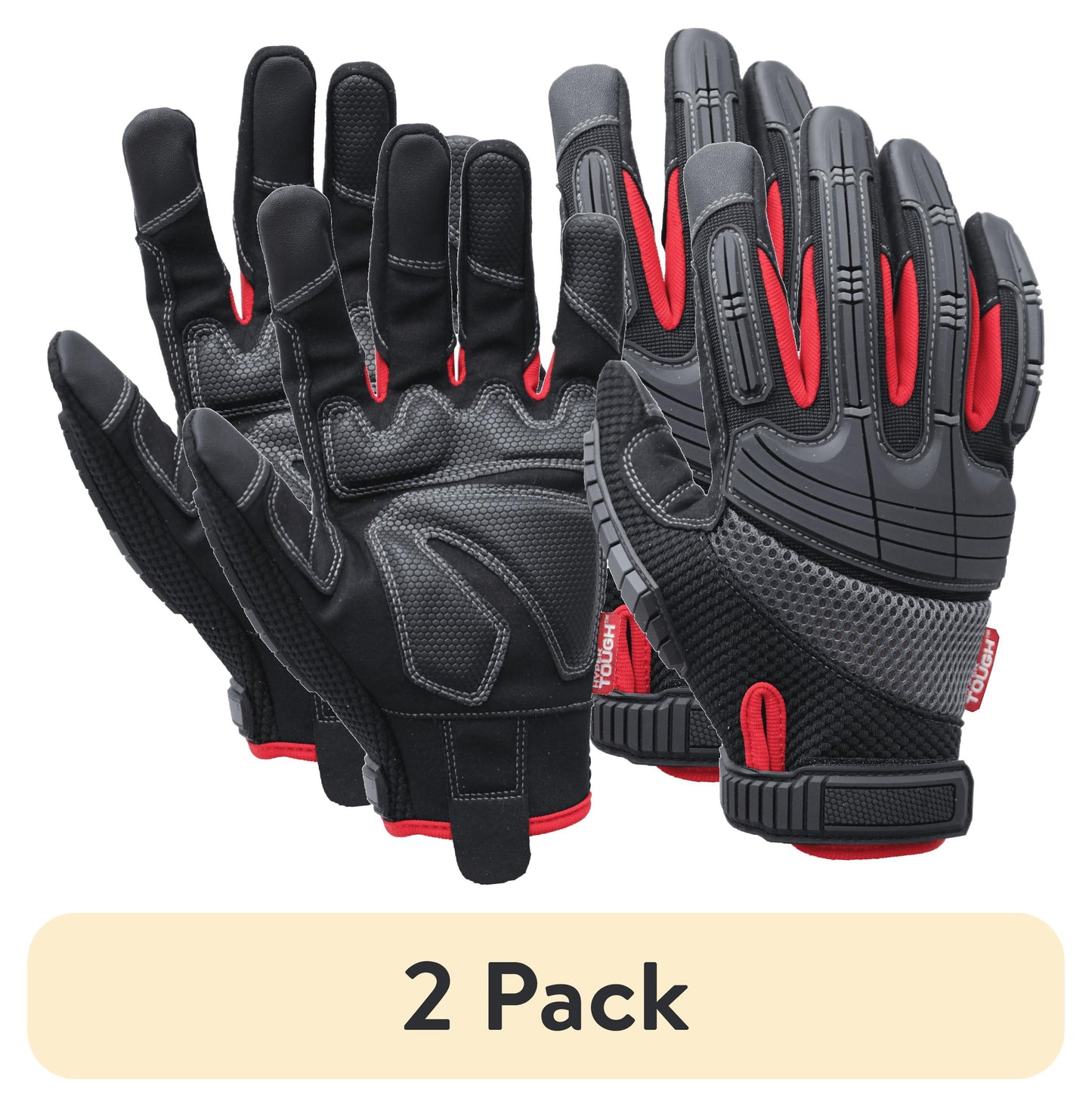 (2 pack) Hyper Tough High Performance Black Synthetic Leather Mechanic Gloves, Men's Large, 1pair