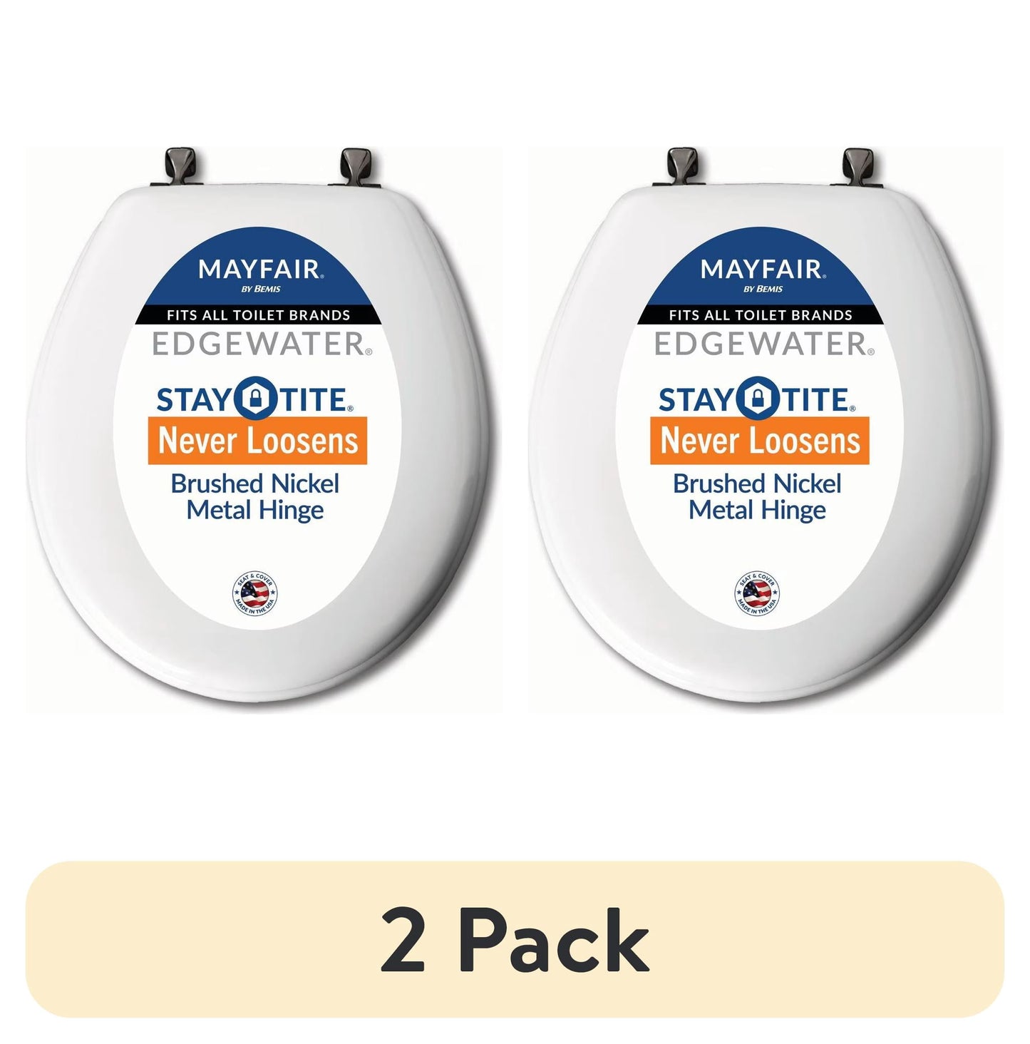 (2 pack) Mayfair Edgewater® Round Enameled Wood Toilet Seat in White Never Looosens Brushed Nickel Metal Hinge