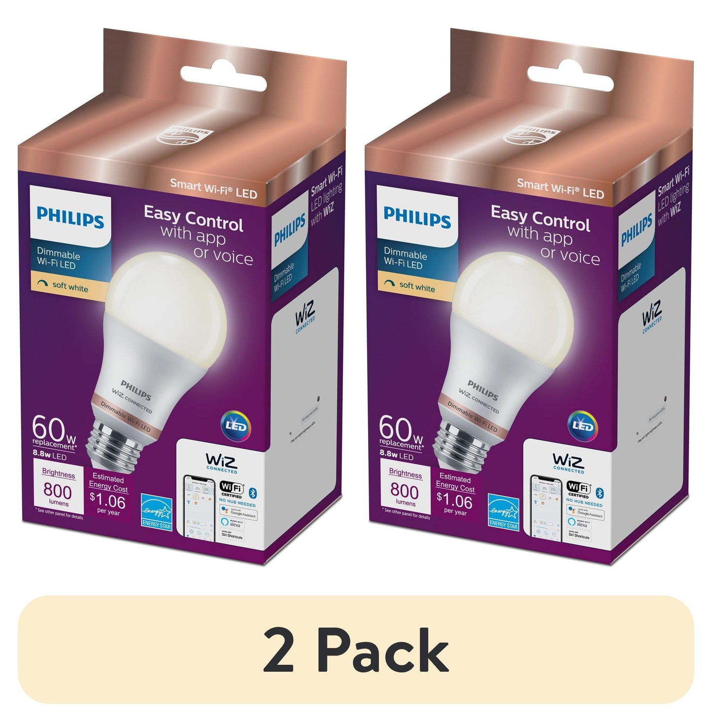 (2 pack) Philips Smart Wi-Fi Connected LED 60-Watt A19 Light Bulb, Frosted Soft White, Dimmable, E26 Base (1-Pack)