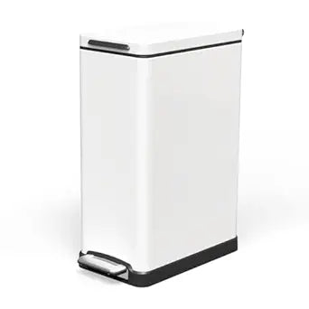 Home Zone Living 12 Gallon Slim Kitchen Trash Can with Slow Close Lid and Step Pedal, Stainless Steel, Matte White, 45 Liters