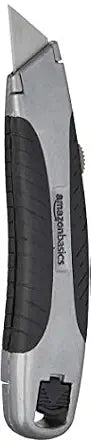 Amazon Basics Soft Grip Retractable Utility Knife with 3 Carbon Steel Blades, Quick Change Blade System, Black/Silver