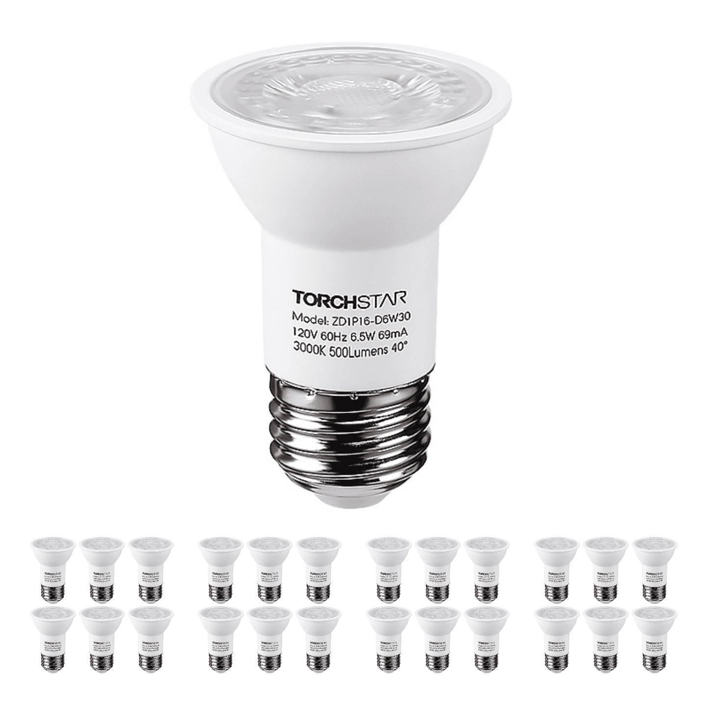 24 Pack LED PAR16 Spot Light Bulbs, 6.5W(50W Eqv.) 500lm E26 Medium Base Dimmable Spotlight, 40° Beam Angle, UL Listed Track Light Bulb, 3000K Warm White