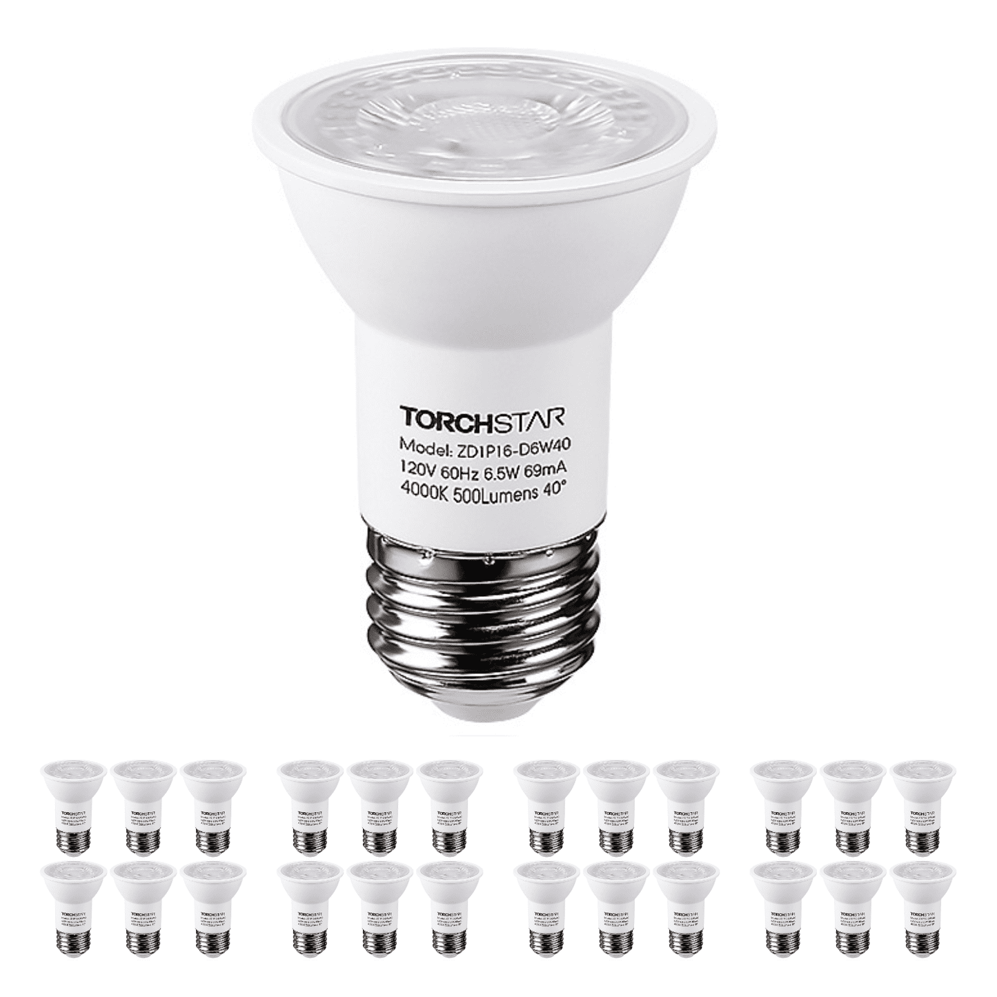 24 Pack LED PAR16 Spot Light Bulbs, 6.5W(50W Eqv.) 500lm E26 Medium Base Dimmable Spotlight, 40° Beam Angle, UL Listed Track Light Bulb, 4000K Cool White