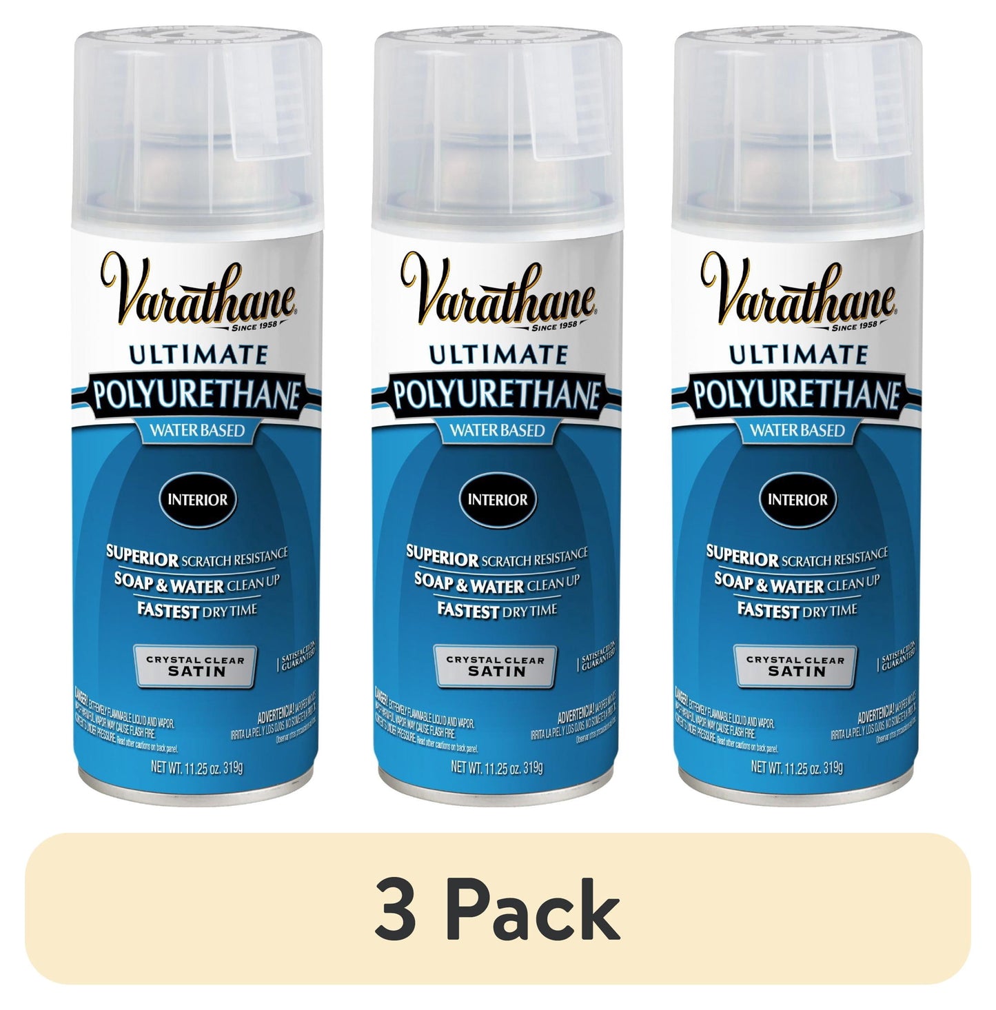(3 pack) Clear, Varathane Ultimate Polyurethane Water-Based Satin Spray-200281, 11.25 oz