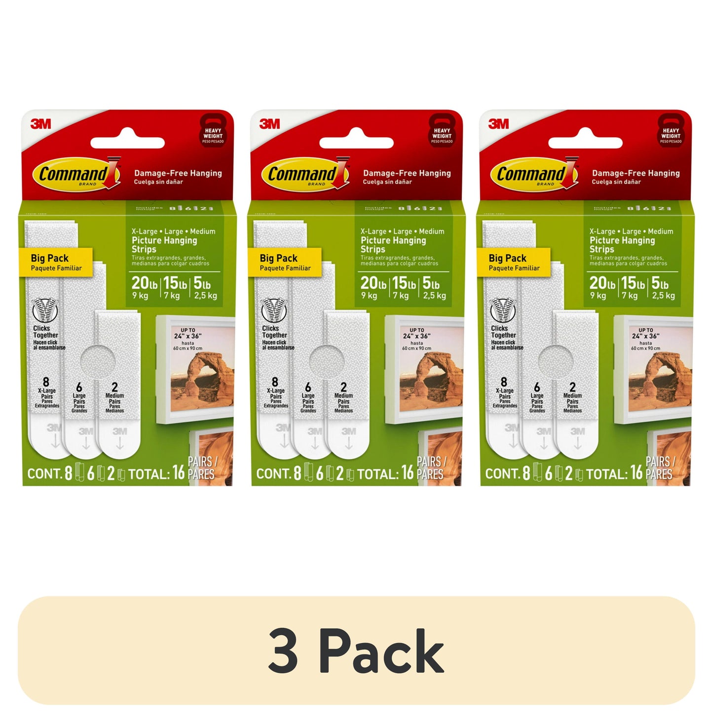 (3 pack) Command Picture Hangers Variety Pack, Holds 5 to 20 lbs, White, Damage-Free Hanging, 16 Adhesive Strips