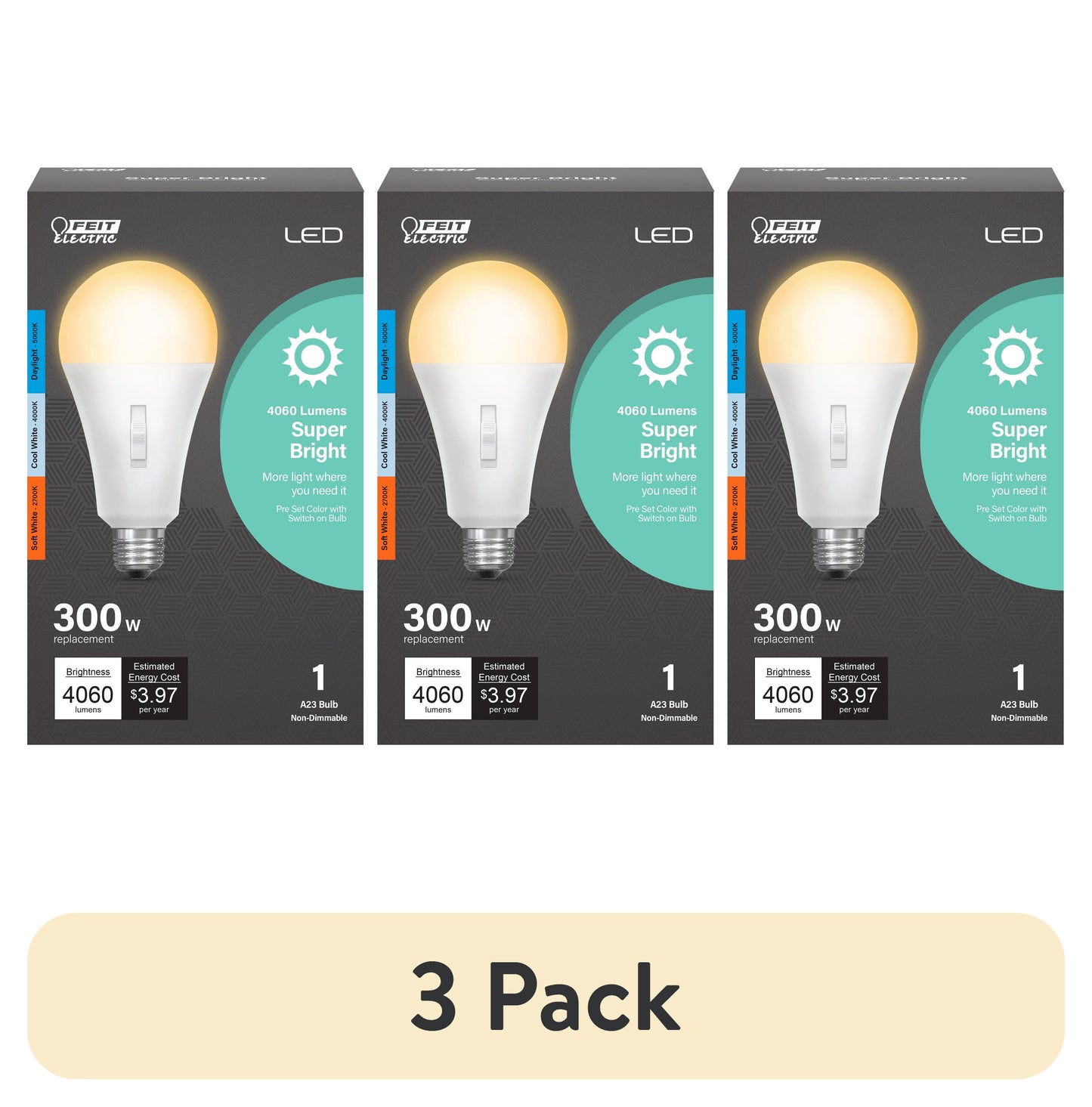 (3 pack) Feit Electric LED Intellibulb 33 Watt (300W Eq.) Color Selectable, A23, Medium E26 Base, Non-Dimmable