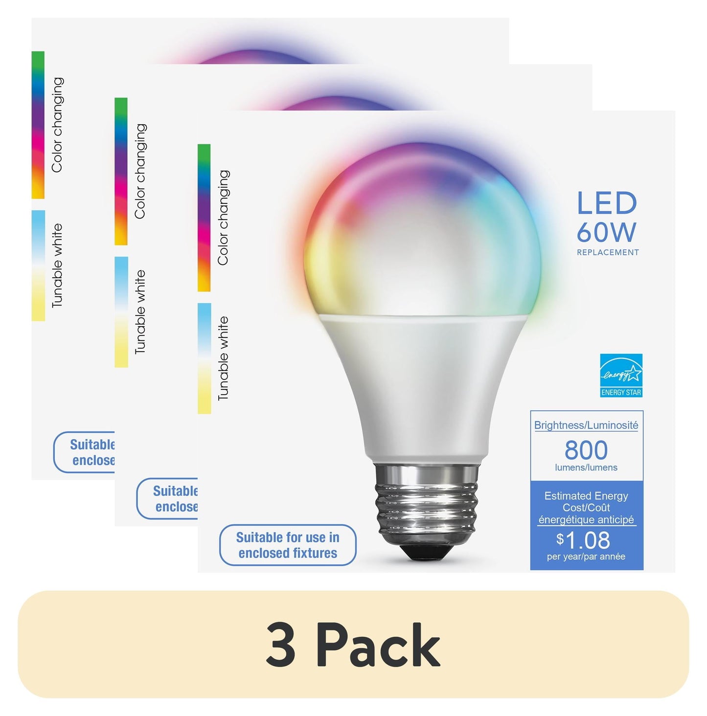 (3 pack) Feit Electric Smart LED 9 Watt (60 Watt Eq.) Color Changing/Tunable White Light Bulb, A19, E26, Dimmable