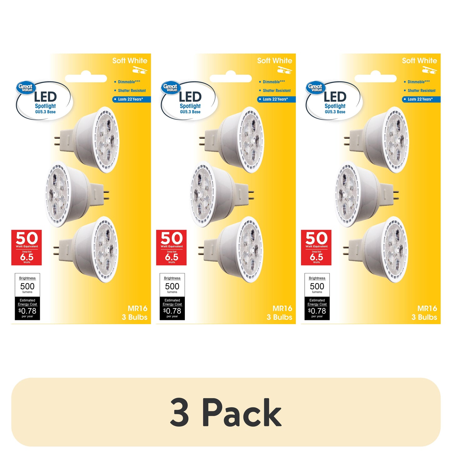 (1 Paquete) Bombilla LED Great Value, 7 Vatios (Equivalente a 50W) Lámpara MR16 Base GU5.3, Regulable, Blanco Suave, Paquete de 3