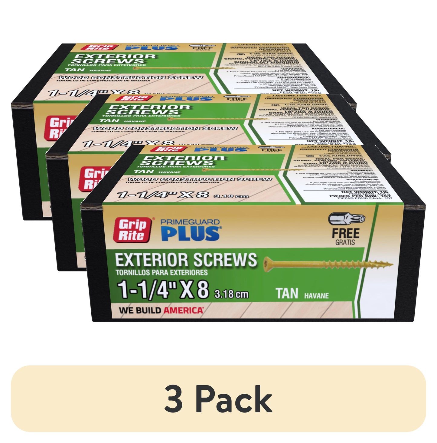 (3 pack) Grip-Rite PrimeGuard Plus #8 x 1-1/4 in. Tan Wood to Wood Deck Screw 1lb.