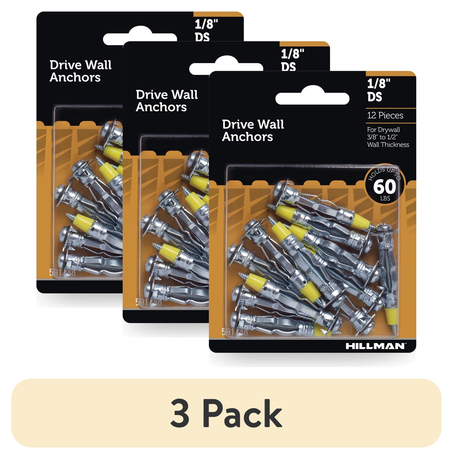 (3 pack) Hillman Drywall Anchor Screws, 1/8" x DS, Steel, Zinc, Corrosion Resistant, 60 lbs, Silver, 12 sets