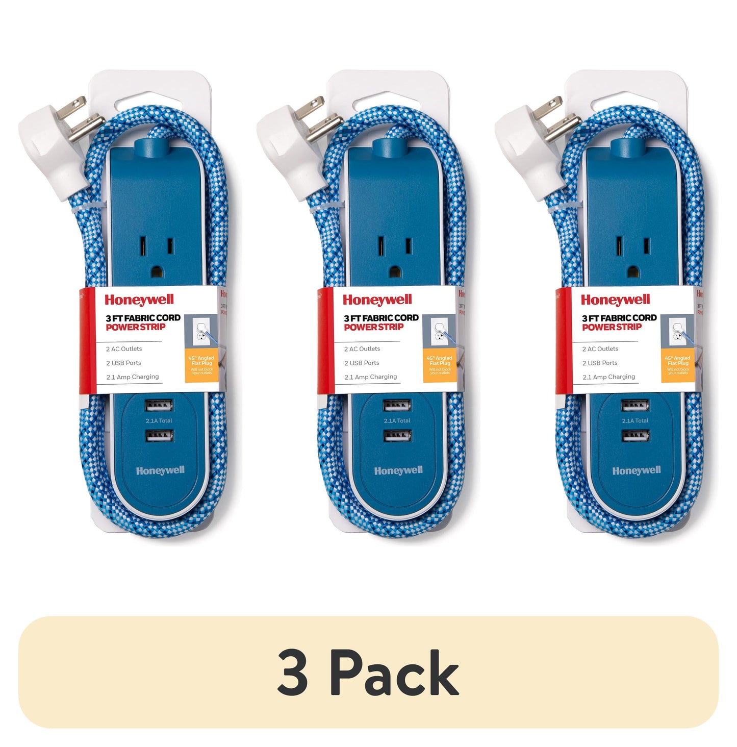 (3 pack) Honeywell 3 ft. Fabric Power Strip with 2 AC & 2 USB Ports (2.1A), 45° Angled Flat Plug (Blue/White)