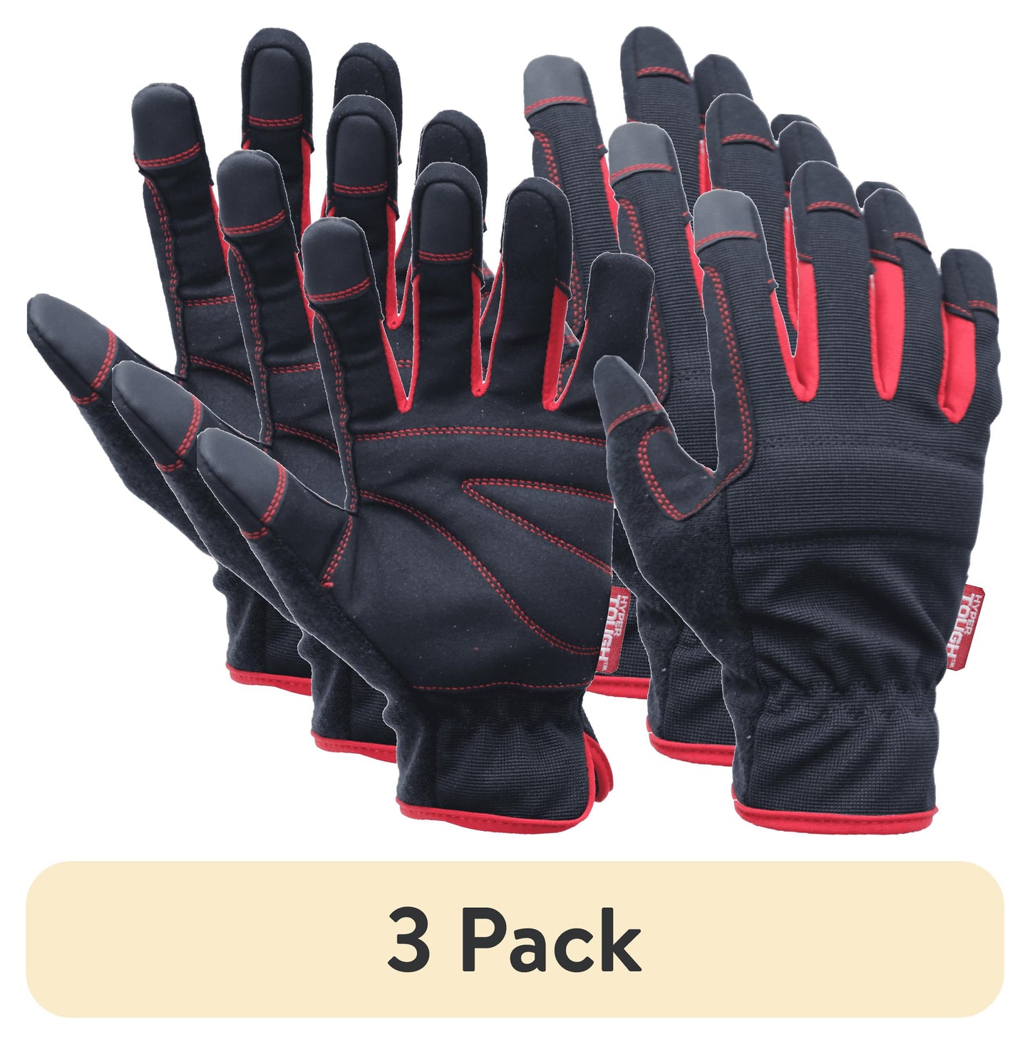 (3 pack) Hyper Tough Black Synthetic Leather Touch Screen Utility Glove, Men's Medium