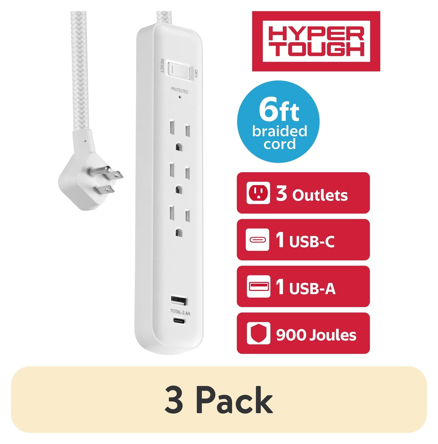 (3 pack) Hyper Tough Surge Protector Power Strip with USB-A & USB-C, 3 Outlets, 6 ft Extension Cord, White