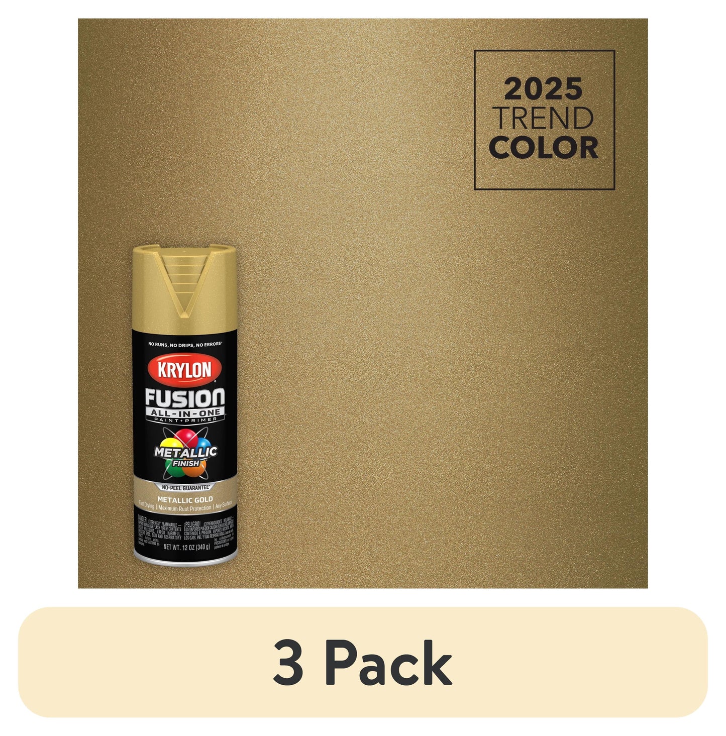 (3 pack) Krylon Fusion All-In-One Metallic, Metallic, Gold, 12 oz