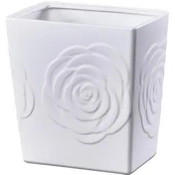 White Ceramic Rose Small Bathroom Trash Can 2.5 Gal (9 Liter), Heavy Small Kitchen Garbage Bin, Living Room Bedroom Corner Trash Can, Decorative Wastebasket for Outdoor Garden, Home Office,Hotel Motel