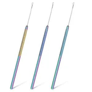 3 Pcs Stainless Steel Hair Extensions Loop Needle Pulling Hook Tool, Hair Tinsel Tool, Micro Needle Threader Wire Pulling Loop Hook Tools for Silicone MicroLink Beads Rings and Feathers Extensions
