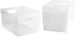 Isaac Jacobs 3-Pack Large Clear Storage Bins (11 L x 8 W x 6 H) with Cutout Handles, Plastic Organizer for Home, Office, Kitchen, Fridge/Freezer, Drawers, BPA Free, Food Safe (3-Pack, Large)