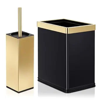 Maxdot 2 Pcs Black and Gold Trash Can 2.6 Gallon/10 L and Toilet Brush Set, Slim Stainless Steel Wastebasket Bin Garbage Trash Can and Toilet Cleaner Brush for Bathroom Bedroom Office, Dorm