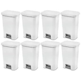 Sterilite 11.9 Gallon Rectangular Step On Kitchen Plastic Indoor Wastebasket with Wide Opening Lid and Comfort Handle for Home, White (8 Pack)