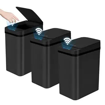 3 Pack Bathroom Trash Can with Lid, 2.5 Gallon Small Slim Trashcan, Automatic Trash Can Touchless, Motion Sensor Waterproof Plastic Trash Bin for Bedroom Kitchen Office Living Room (Black)