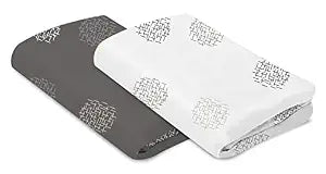 4moms Breeze Playard Sheets, for Baby Bassinets and Furniture, Machine Washable and 100% Cotton, White & Grey, 2 Pack