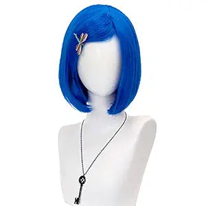 Blue Bob Cosplay Wig for Women Short Straight Synthetic Wig with Key Necklace and Dragonfly Hairclip, Halloween Costume Party Cosplay Wig for Aldult (A-Light blue)