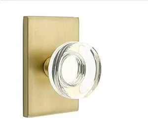 Privacy Set, Modern Rectangle Rosette, Modern Disc Crystal Knob, Satin Brass