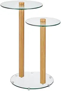 mDesign Glass Top Side/End Duo Drink Table - 2-Tier Modern Round Accent Wood Nightstand Furniture for Living Room, Dorm, Home Office, and Bedroom - 12" Round - Clear/Natural