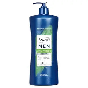 Suave Men Soothing 3 in 1 Shampoo, Conditioner & Body Wash with Aloe + Vitamin B, Hydrates & Soothes Hair & Skin, Fresh Scent, 4 Count, 28 FL OZ Pump