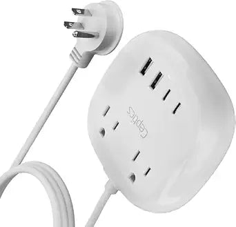 Ceptics USB Power Strip Travel-Size Surge Protector with Dual USB & USB-C Ports 21W Total Output Grounded for Safety 5-Foot Cord Charging Station