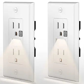 SOZULAMP LED Night Light Outlet-Easy to Install,Nightlight Electrical Outlets,Standard Duplex Receptacle,15A 125V,2 Pole 3 Wire,Self Grounding,Outlet Covers Included (Glossy White,2 Pack)
